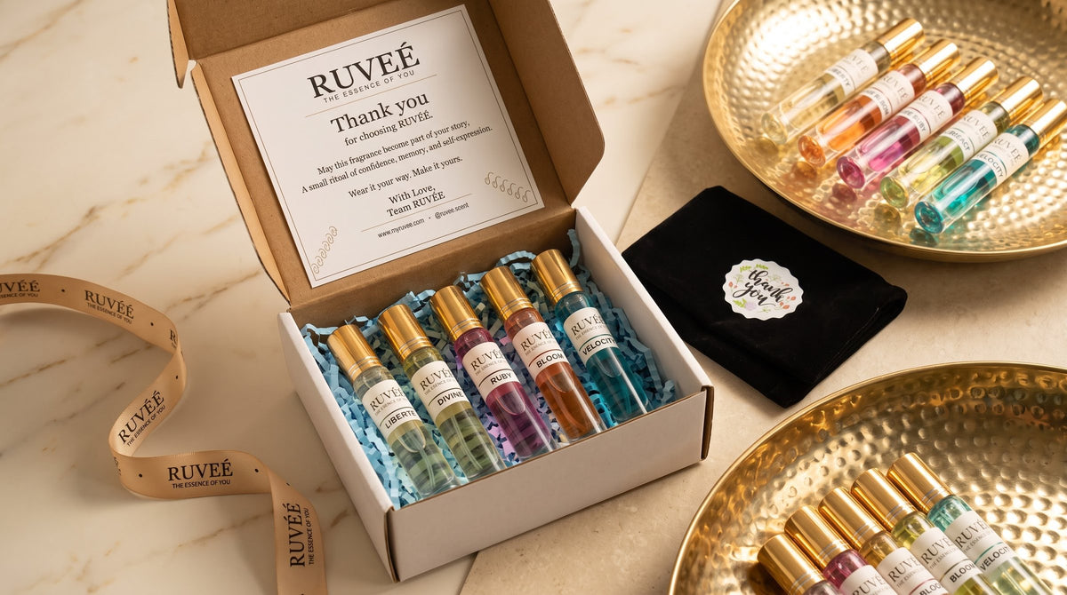 RUVEÉ corporate gift box with five Parfum vials, thank-you card and branded ribbon